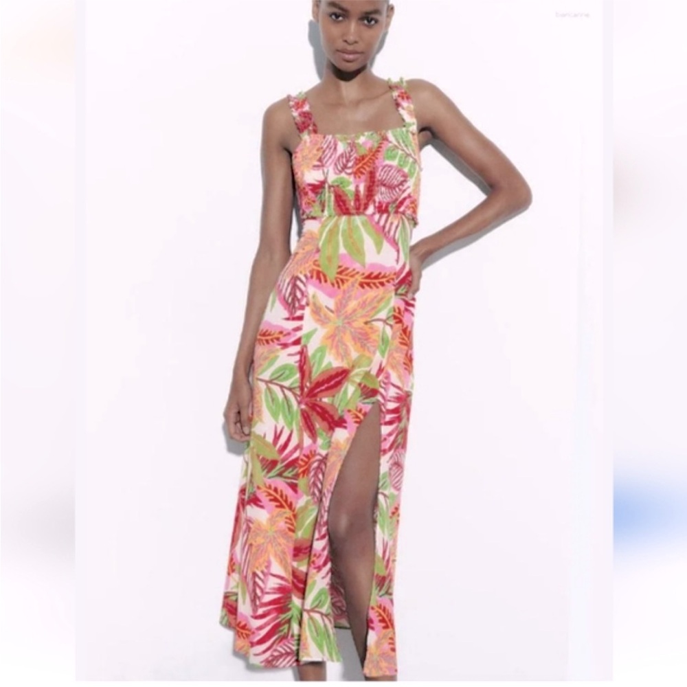 ZARA Tropical Print Smocked Midi Dress with Front Slit Sz XS